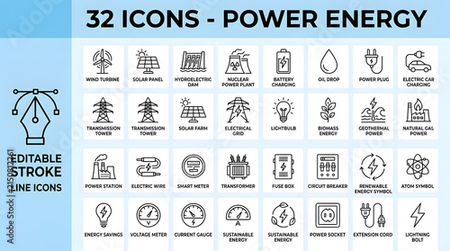 32 Icons - Power Energy: A comprehensive collection of 32 editable stroke line icons representing various forms of power and energy generation, including renewable sources and electrical components.