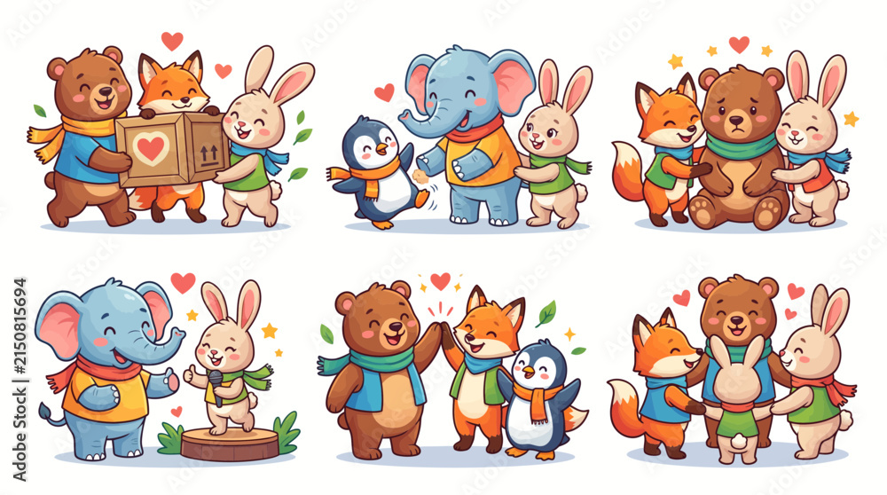 Fototapeta premium Set of Cute Cartoon Animals Sharing Joyful Moments and Friendship Hugs