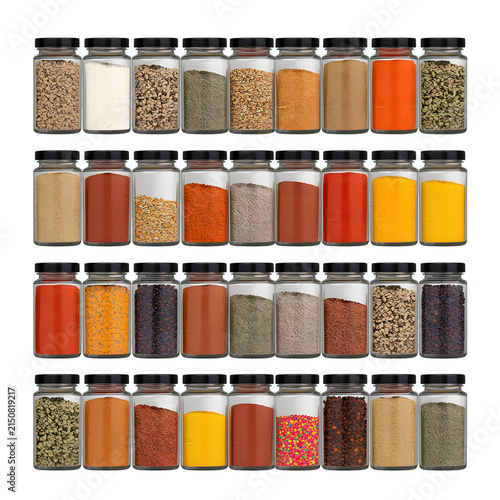 Spice Collection Array: A meticulously organized array of glass jars filled with various colorful spices and herbs, showcasing a vibrant palette of culinary ingredients.