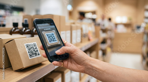Close-up of a person scanning a QR code on a package using a mobile phone in a modern retail store for inventory management and pricing