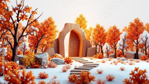 Stylized autumn scene. Orange trees surround stone archway. Snow covers ground, path leads toward entrance. Warm lighting creates fantasy vibe.