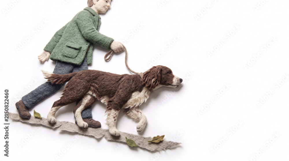 Fototapeta premium Man walking a dog on a leash in a casual outfit outdoors