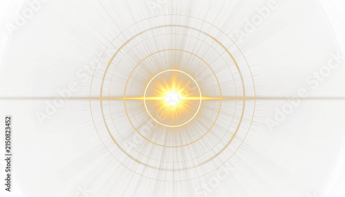 A bright golden lens flare burst with concentric halo rings expanding outward, subtle chromatic edges along the light, isolated on transparent background.