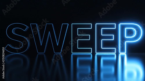3D blue neon sweep text animation moving across bold letters on a dark reflective floor