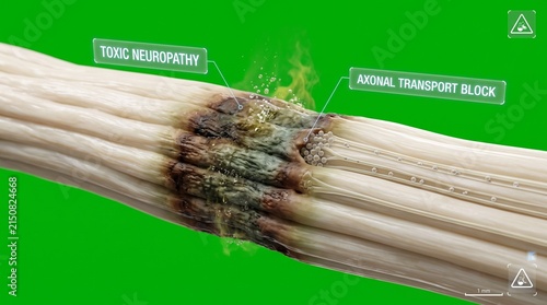 Close-up of severe chemical burn damage on human nerve tissue under medical examination