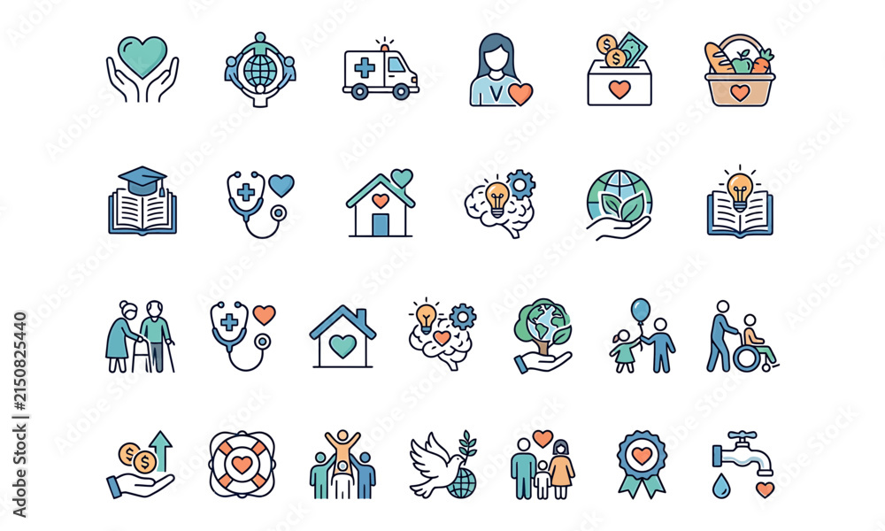 Fototapeta premium Charity donation and volunteering concept line art icon set for non profit