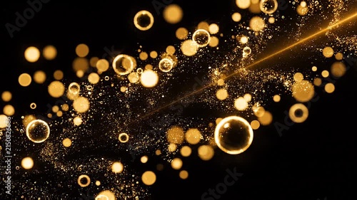 Golden light beam with sparkling bubbles and glowing particles streaking across dark space