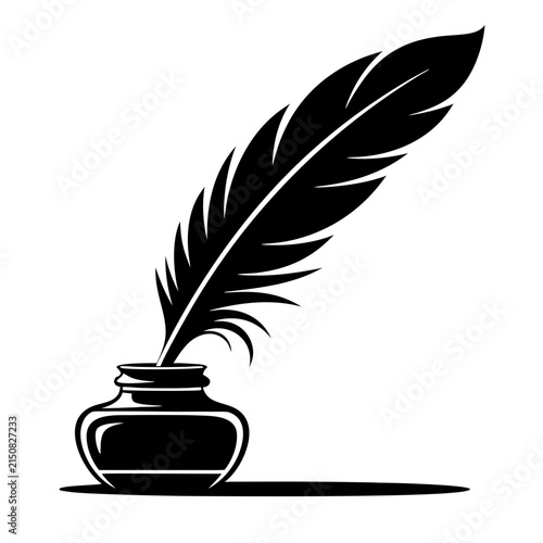 Black Silhouette Quill Pen and Inkwell Illustration for Antique Writing, Parchment Documents, Education, Literary Blogs, Author Publishing, and Creative Storytelling