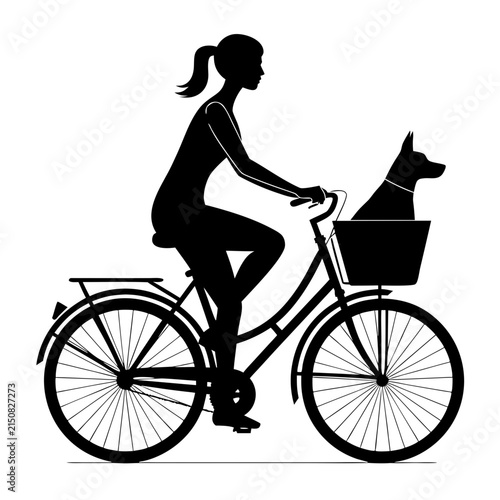 Black silhouette illustration of a woman cycling with a dog in a front bicycle basket for pet friendly urban cycling lifestyle blogs, active female cyclist content, and city travel concepts