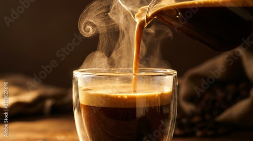 Stream of hot brewed espresso pouring into double-wall glass cup with rich crema and rising steam.