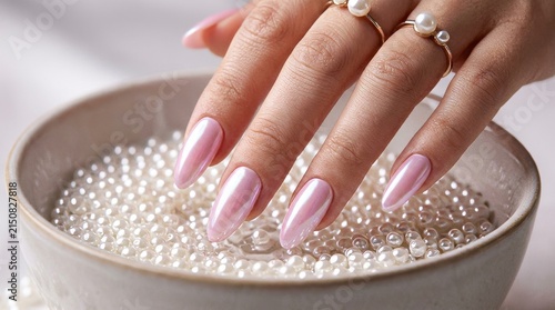 Female hand with pearl pink metallic chrome nails dipping fingers into a bowl filled with glossy pearls.
