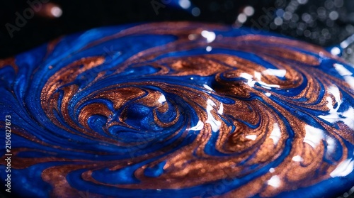 Macro texture of swirling cobalt blue and metallic copper fluid paint blending in rich liquid swirls.