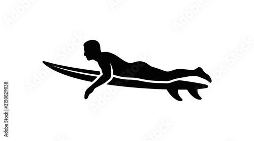 Surfer silhouette on surfboard paddling water sport.