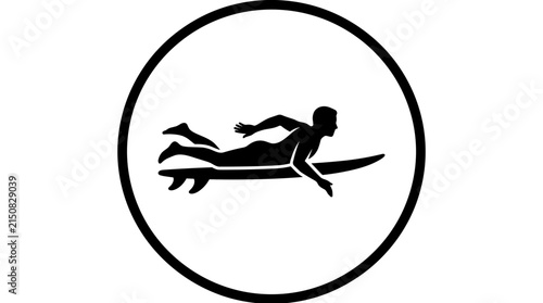 Surfer paddling on surfboard in circle icon.