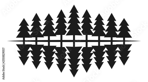Symmetrical pattern of black pine trees reflected in water.