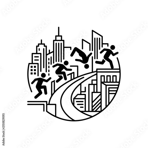 Urban parkour athletes performing acrobatic moves in a stylized city.