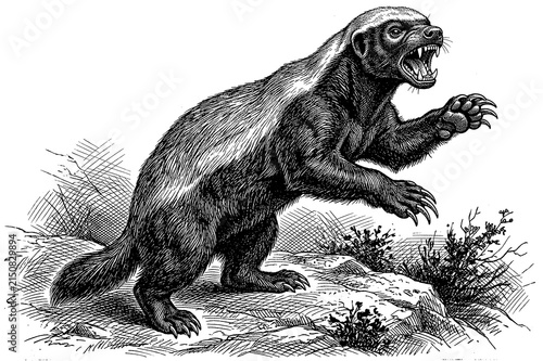 Honey badger. Black and white etching illustration.