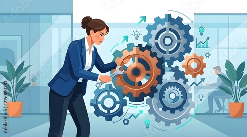 Wanita Eksekutif Mengoptimalkan Roda Gigi Bisnis dengan Kunci Pas, Konsep Efisiensi Manajemen Operasional dan Strategi Kerja Korporat