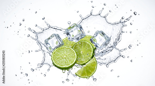 Fresh green lime slices splashing in water with ice cubes on white background