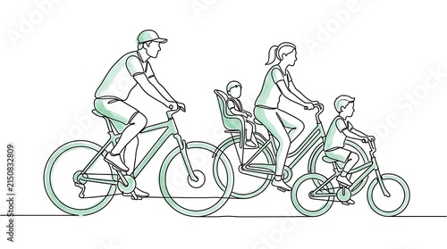 Minimalist line art drawing of family on bicycles