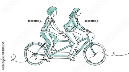 Minimalist line art of people on tandem bicycle.