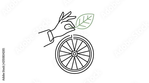 Minimal line art of bicycle wheel and green leaf.