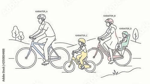 Minimal line art sketch of family riding bicycles together.