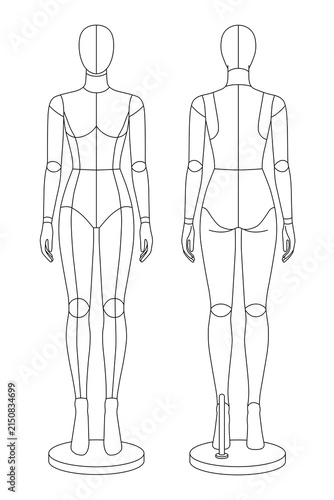 Clean black and white female mannequin outline template featuring front and back views with precise body proportions!