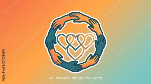 Diverse hands joining together creating circular heart pattern symbolizing global unity with against gradient background stylized graphic multiple around interlocking heart