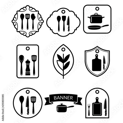 Black and white flat icons set of kitchen and dining utensils