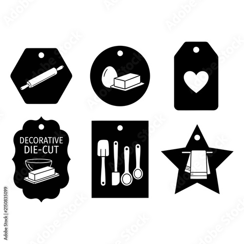 Black and white decorative gift tags set with icons