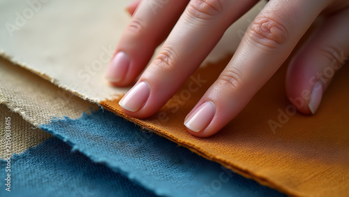 Mano femenina tocando muestras de tela para proyecto de diseño