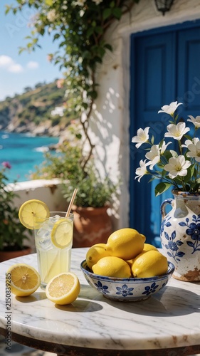 Refreshing Lemonade and Fresh Lemons on a Marble Table with a Mediterranean Sea View