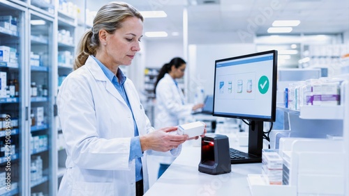 Pharmacist medicine drug lab pharmacy check white coat medicine package computer screen barcode scanner quality control safe care