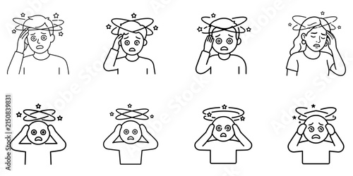 Dizziness icon set showing a person experiencing vertigo, spinning sensation, imbalance, and migraine.