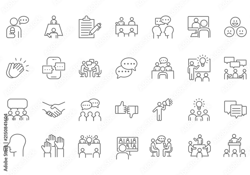 Fototapeta premium Human Interaction web icons in line style. People, communication, chat, relationships, meeting, group, friends. Editable stroke. Vector illustration.