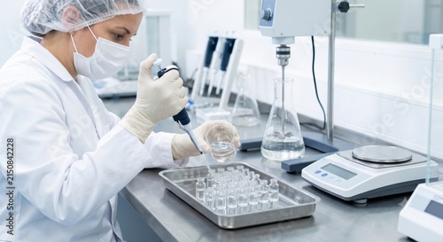 Laboratory technician in sterile medical lab handling sample drug medicine analysis with pipette and glass vial