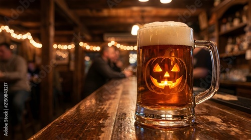 A glass mug of pumpkin ale with a glowing jack o lantern face design sitting on a rustic wooden bar counter