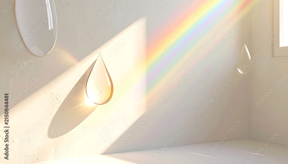 Obraz premium Abstract Water Drops Floating in Sunlight Creating a Soft Rainbow Prism Effect Against a Minimalist Interior Wall Background