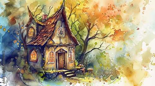 Whimsical Thatched Cottage Glows Warmly Surrounded by Autumn Forest in Watercolor