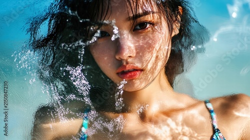 Womans face partially submerged in water.