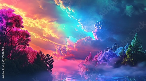 Vibrant Sunset Sky Over Scenic Silhouetted Trees and Distant Mountains at Dusk