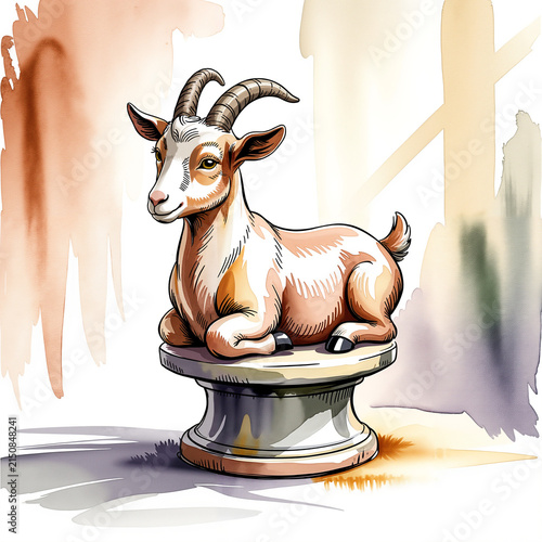 Illustration of a goat on a pedestal with a colorful watercolor background