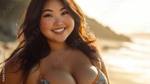 Woman smiling at the beach sunlit hair.