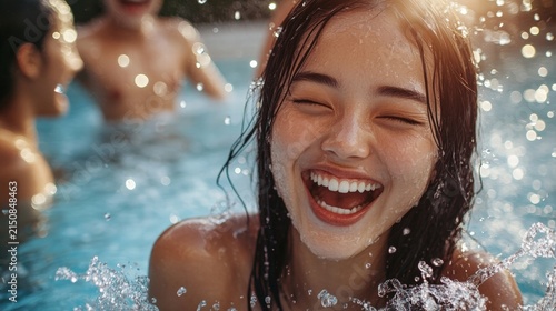 Joyful laughter in the summer pool splash.
