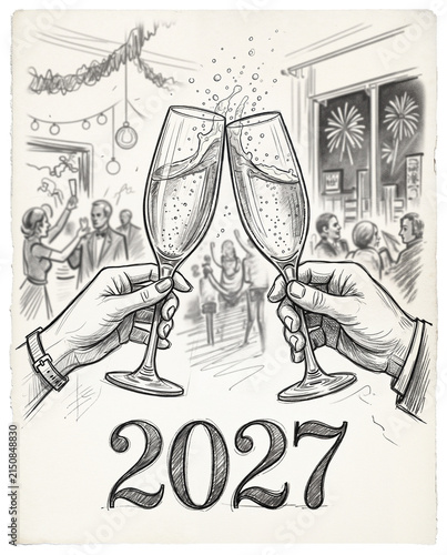 Hands clinking champagne glasses in celebration, New Year party atmosphere, vintage illustration
