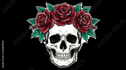 Skull with roses crown on dark background