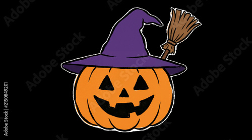 Halloween pumpkin with witch hat and broom, festive and cheerful illustration
