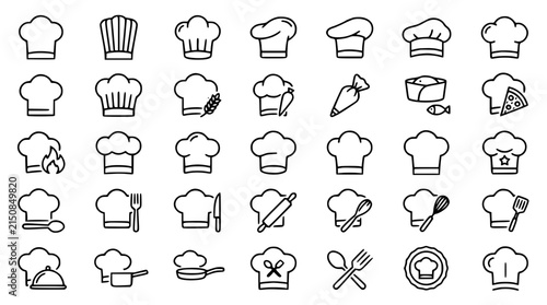 Bild auf Leinwand Chef hat and restaurant cooking line icon set featuring bakery toques culinary t