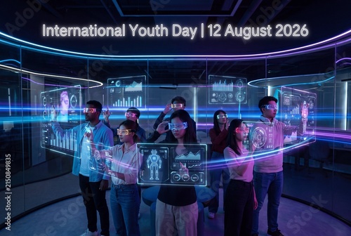 Multiethnic Group of Young Students Wearing AR VR Headsets in Futuristic Co-Working Space with Glowing Holographic Data Visualizations, International Youth Day Technology Concept